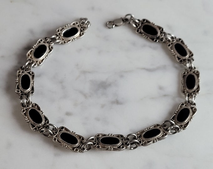 Womens Vintage Estate Sterling Silver Onyx Bracelet 14.6g E3548