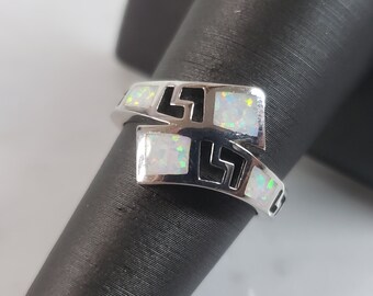 Womens Sterling Silver Modernist Greek Key Opal Ring 4.0g E903