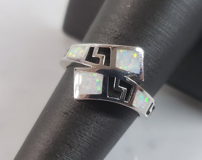 Womens Sterling Silver Modernist Greek Key Opal Ring 4.0g E903