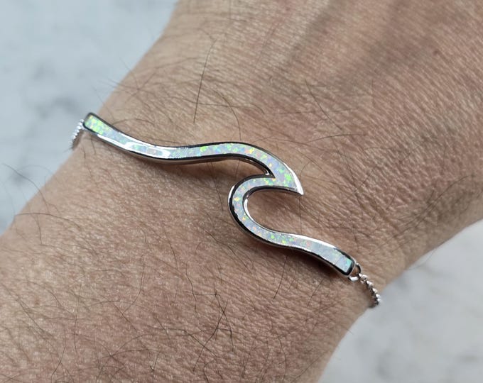 Womens Sterling Silver Opal Tsunami Wave Adjustable Bracelet 8.4g E838