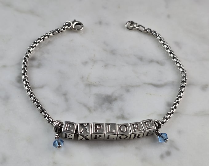 Womens Vintage Estate Sterling Silver EXPLORE Bracelet 11.1g E6761