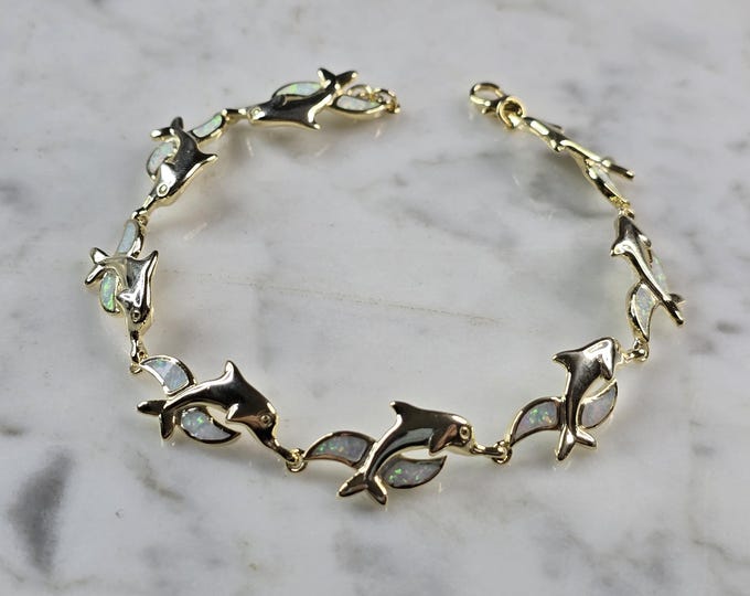 Womens Sterling Silver Gold Tone Opal Dolphin Bracelet 12.3g E3123