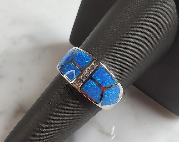 Womens Estate Sterling Silver Modernist Blue Opal Ring 6.5g E4220