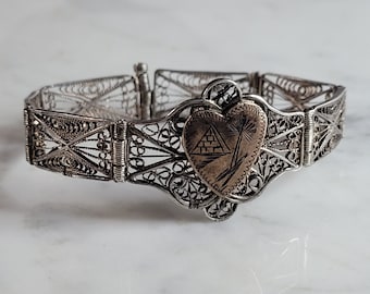 Womens Vintage Estate Sterling Silver Filigree Heart Bracelet 13.0g E3544