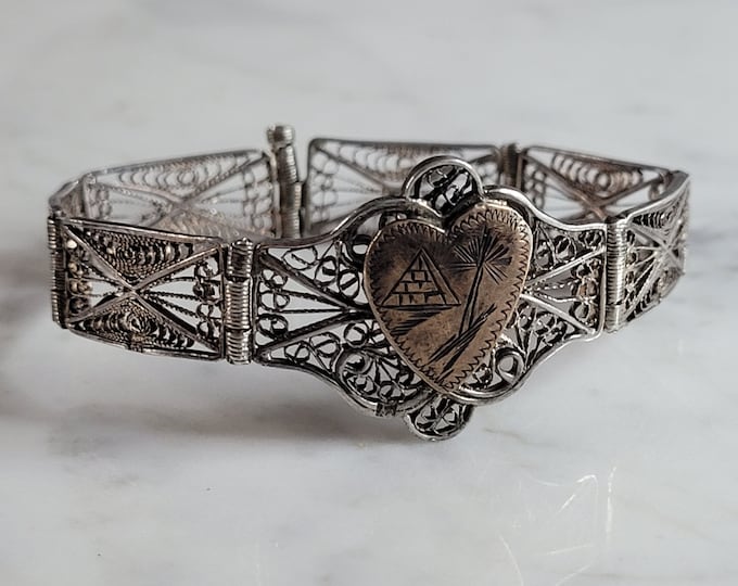 Womens Vintage Estate Sterling Silver Filigree Heart Bracelet 13.0g E3544