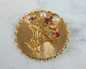 Womens Vintage Estate 14K Yellow Gold Birthstone Basket Brooch 13.1g #E852
