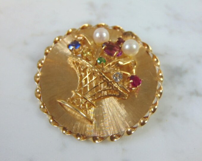 Womens Vintage Estate 14K Yellow Gold Birthstone Basket Brooch 13.1g #E852