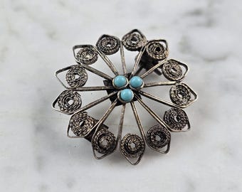 Womens Vintage Estate Sterling Silver Turquoise Filigree Brooch 3.7g E3897