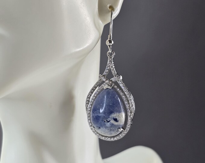 Pr Womens Sterling Silver Sodalite CZ Dangle Earrings 11.0g E6528