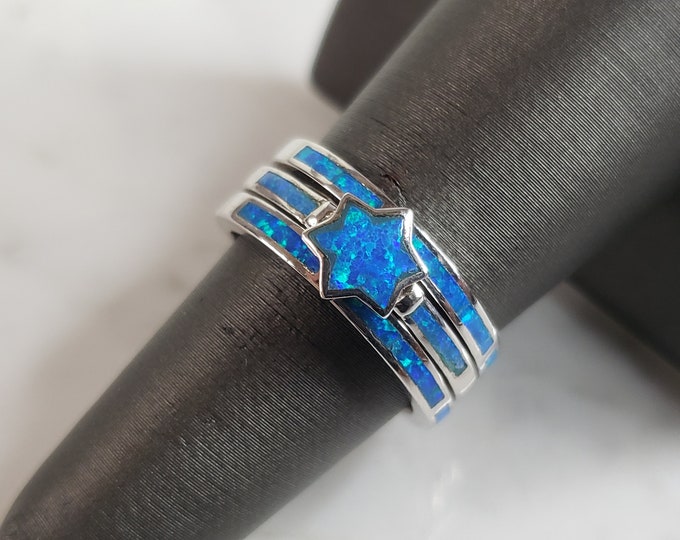 Womens Sterling Silver Modernist Blue Opal Star Ring 6.8g E4126