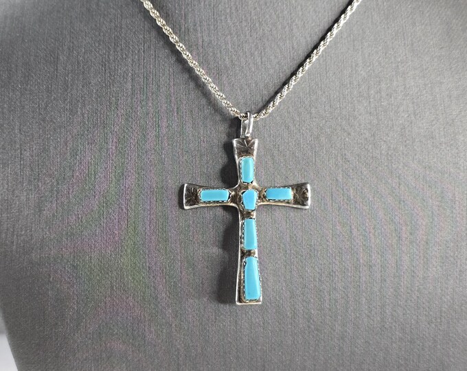 Womens Vintage Sterling Silver Turquoise Iule Cross Pendant Necklace 13.5g E1985