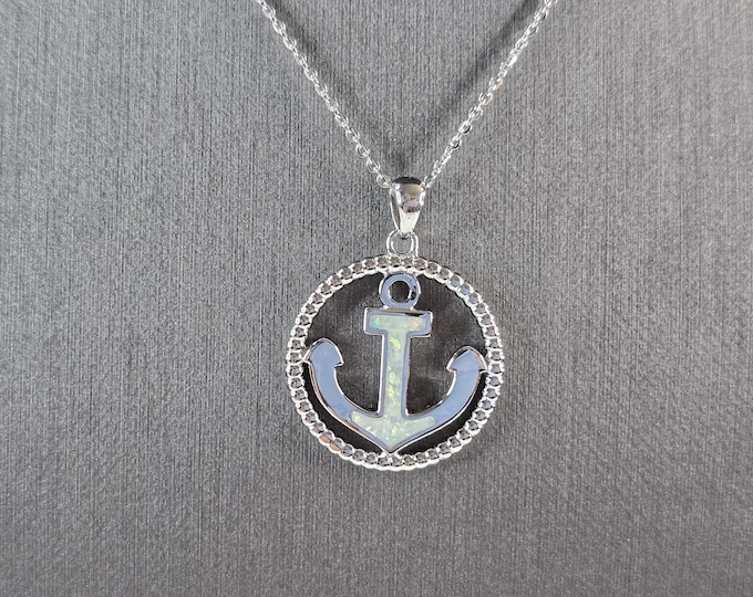 Womens Sterling Silver Opal Maritime Anchor Pendant Necklace 6.3g E3644