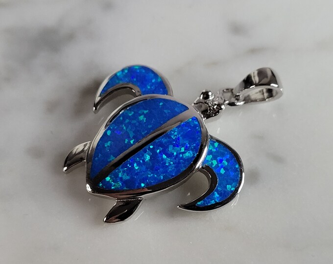 Womens Sterling Silver Blue Opal Sea Turtle Pendant 3.4g E3719