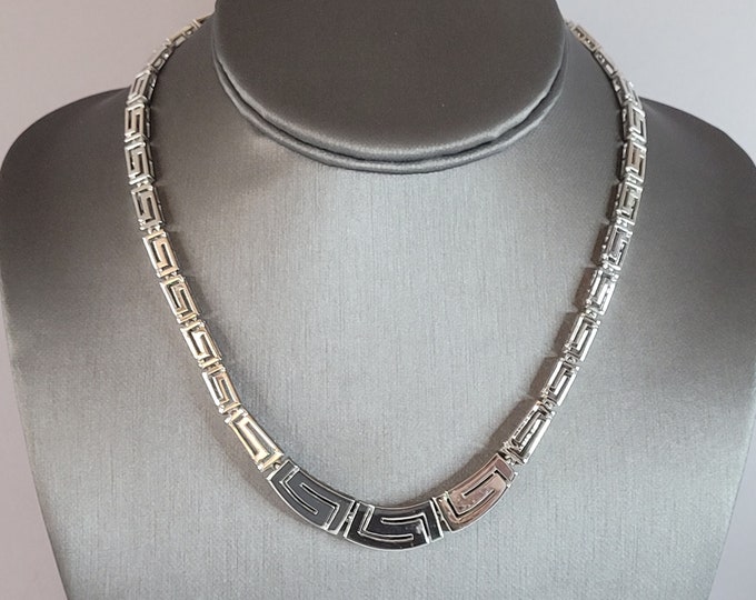 Womens Vintage Estate Sterling Silver Modernist Greek Key Necklace 28.5g E3774