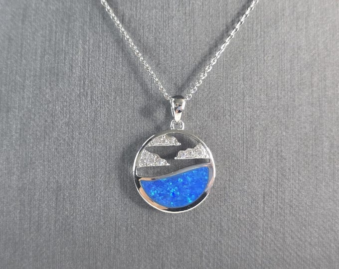 Womens Sterling Silver Blue Opal Ocean Wave Cloud Pendant Necklace 5.7g E4663
