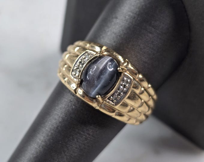 Mens Vintage Estate 10K Gold Cats Eye Diamond Ring 6.7g E933