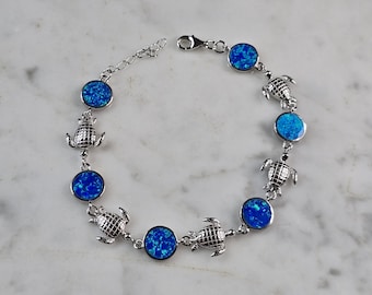 Womens Sterling Silver Blue Opal Sea Turtle Ocean Bracelet 9.2g E4186