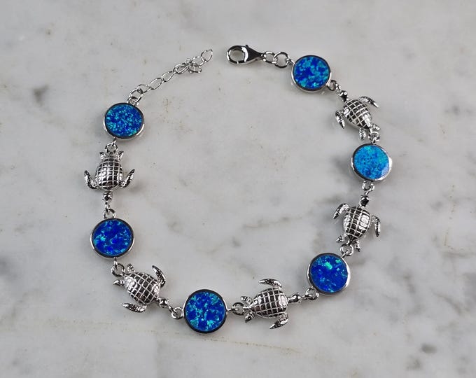 Womens Sterling Silver Blue Opal Sea Turtle Ocean Bracelet 9.2g E4186