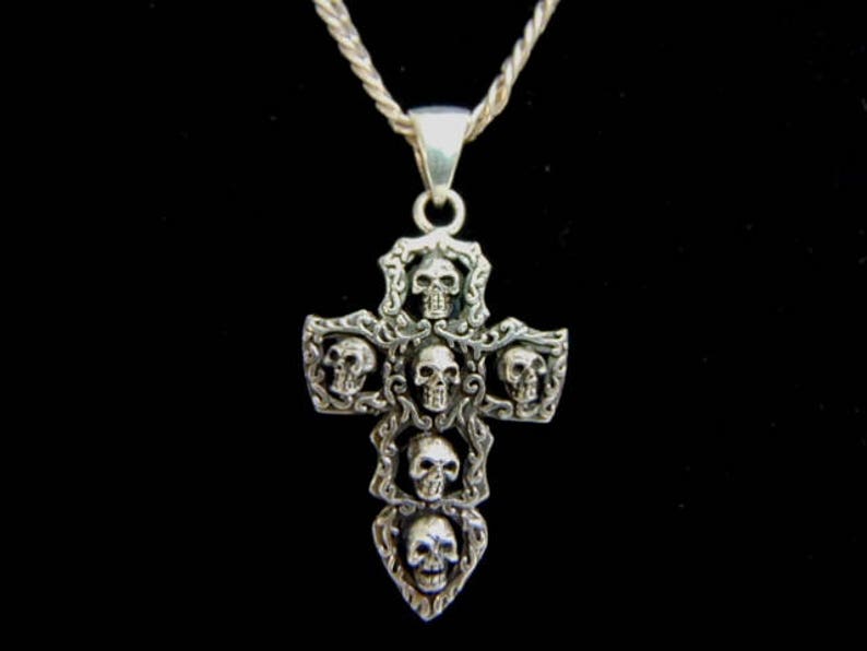 Vintage Estate 925 Sterling Silver Gothic Skull Cross Pendant W Necklace 32 0g E3756