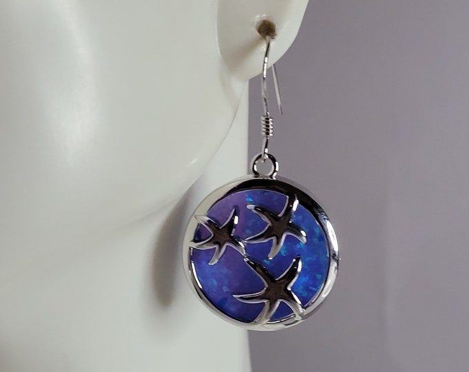 Womens Sterling Silver Blue Opal Star Fish Earrings 7.0g E2706
