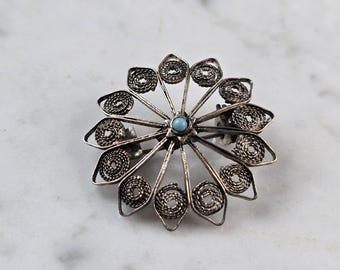 Womens Vintage Estate Sterling Silver Turquoise Filigree Brooch 3.0g E1182