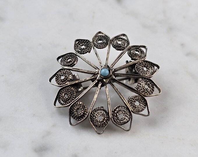 Womens Vintage Estate Sterling Silver Turquoise Filigree Brooch 3.0g E1182