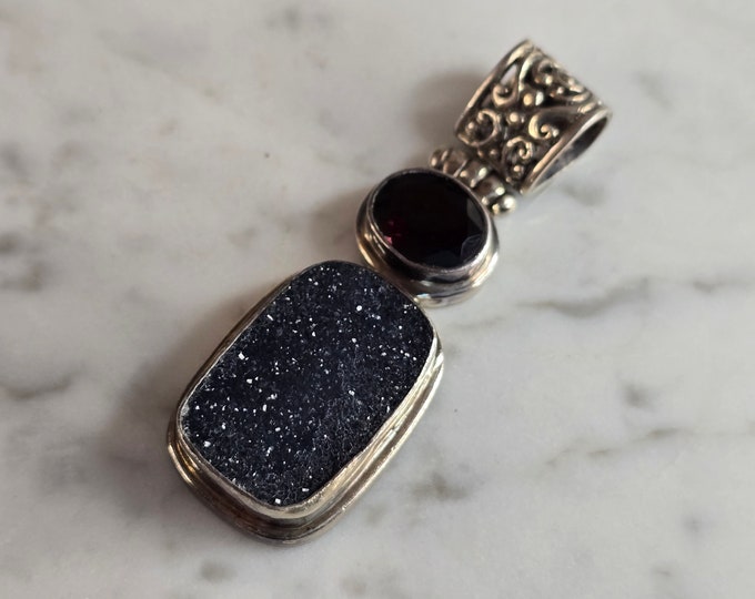 Womens Vintage Estate Sterling Silver Druzy Amethyst Stone Pendant 17.4g E7307