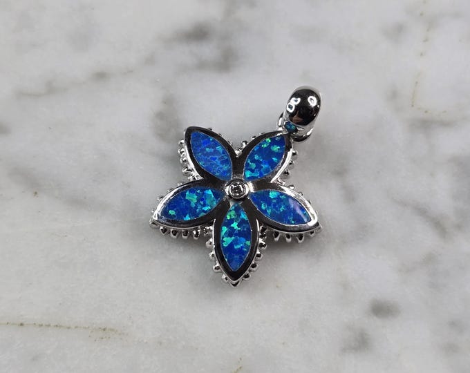 Womens Sterling Silver Blue Opal Hawaiian Flower Pendant 3.0g E2314