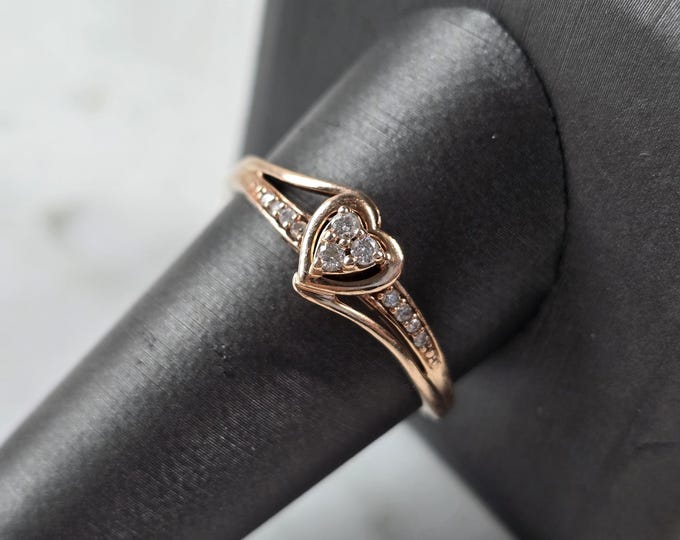 Womens Vintage Estate 10K Rose Gold Diamond Heart Ring 2.3g E3603