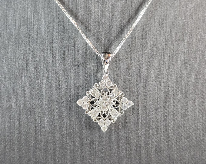 Womens Vintage Estate Sterling Silver CZ Pendant w/ Necklace 6.1g E1892