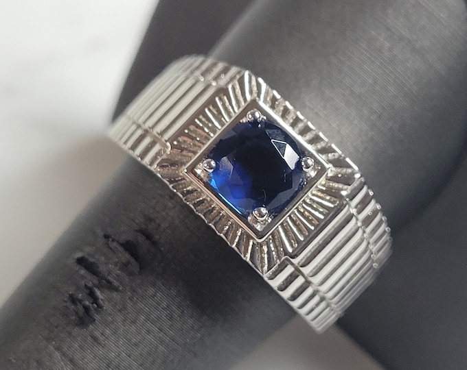 Mens Estate Sterling Silver Modernist Sapphire Ring 10.1g E6278