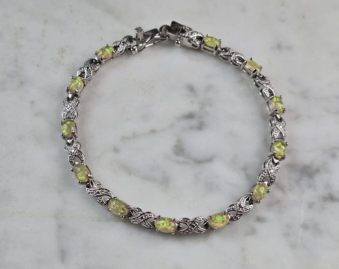 Womens Vintage Estate Sterling Silver Opal Tennis Bracelet 9.4g E1945