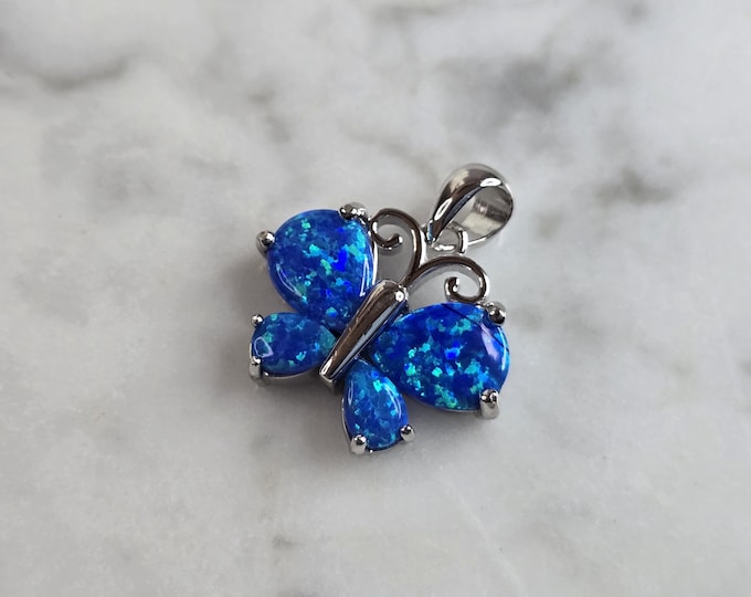 Womens Sterling Silver Blue Opal Butterfly Pendant 2.9g E4469
