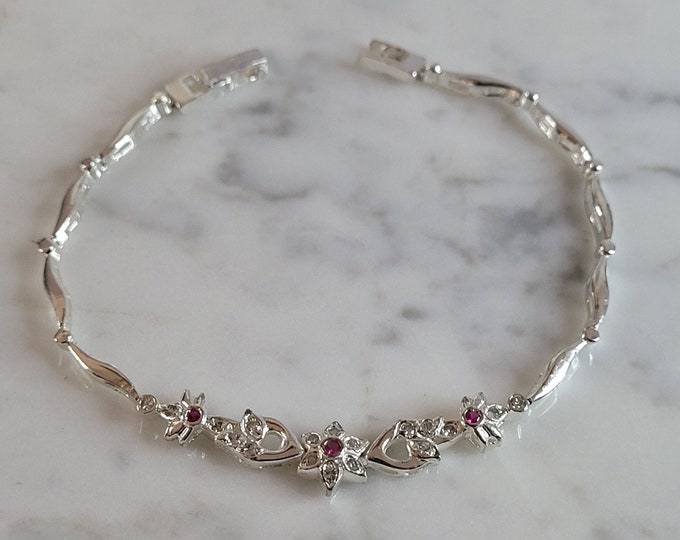 Womens Vintage Estate Sterling Silver Garnet CZ Bracelet 5.6g E4659