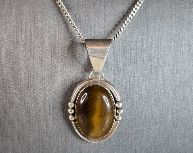Womens Vintage Estate Sterling Silver Tiger's Eye Pendant Necklace 19.8g E7522