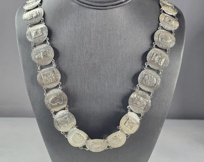 Womens Vintage Estate Sterling Silver Mayan Necklace 65.7g E6878