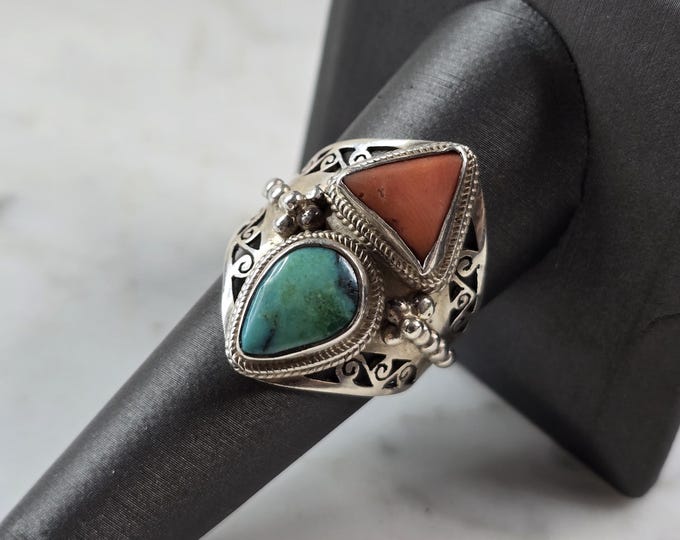 Mens Vintage Sterling Silver Southwestern Turquoise Coral Ring 7.6g E5557