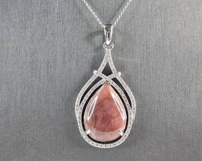 Womens Sterling Silver Modernist Rhodochrosite CZ Pendant Necklace 17.5g E7103