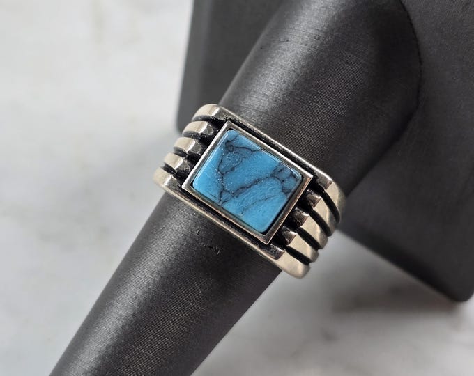Mens Sterling Silver Modernist Turquoise Ring 7.9g E2327