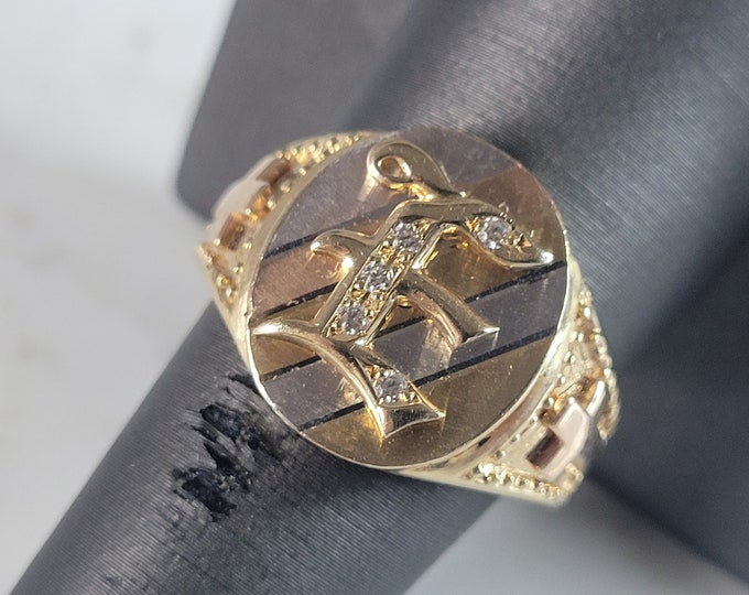 Mens Vintage Estate 14K Multi Gold Religious Cross "E" Diamond Ring 8.7g, E6564