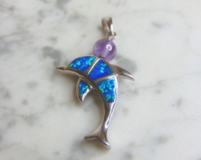 Womens Vintage Estate Sterling Silver Opal Stone Dolphin Pendant 8.4g E4657