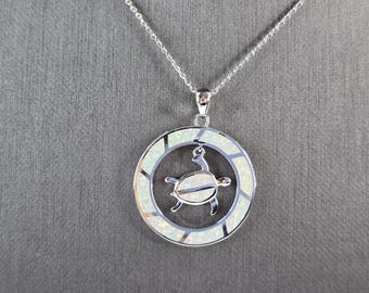 Womens Sterling Silver Blue Opal Sea Turtle Pendant Necklace 6.8g E3312