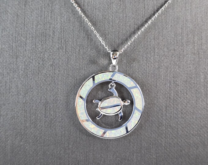 Womens Sterling Silver Opal Sea Turtle Pendant Necklace 6.2g E3311