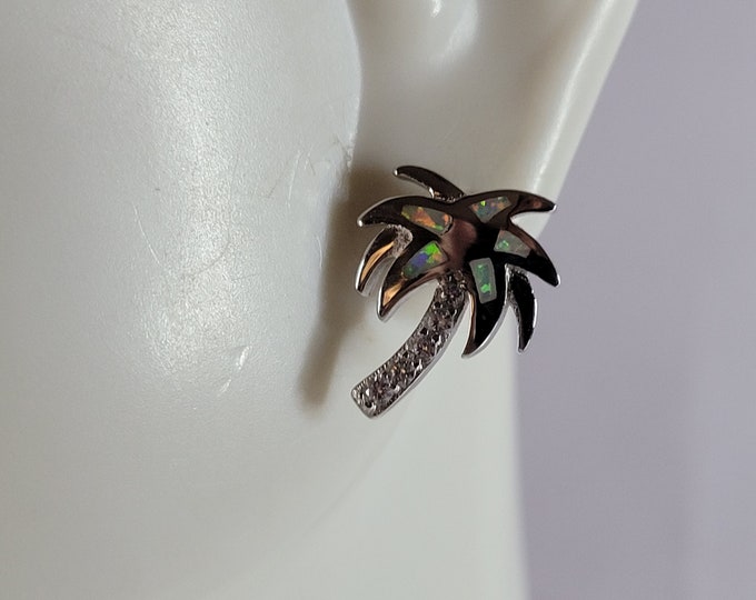 Womens Sterling Silver Modernist Opal Palm Tree Earrings 2.2g E2414