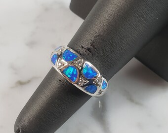 Womens Estate Sterling Silver Modernist Blue Opal & CZ Ring 4.6g E5057