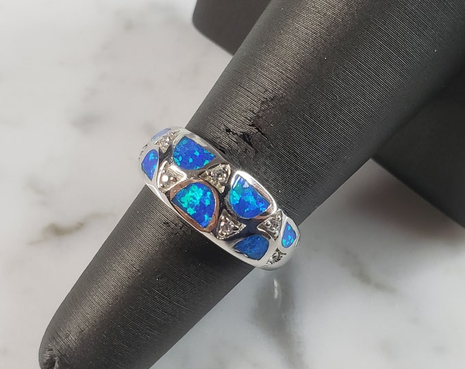 Womens Estate Sterling Silver Modernist Blue Opal & CZ Ring 4.6g E5057