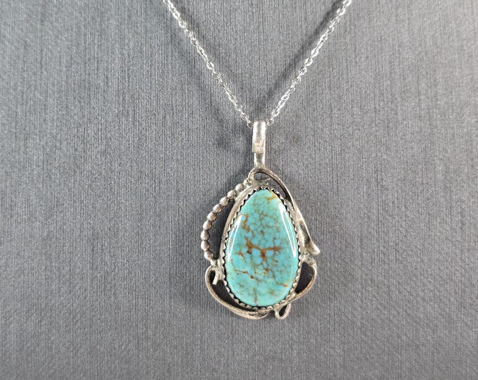 Womens Vintage Estate Sterling Silver Turquoise Pendant & Necklace 6.4g E4984
