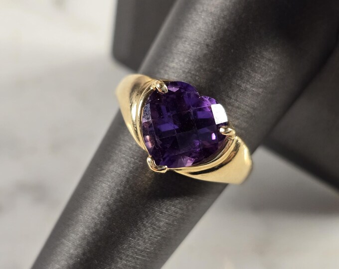 Womens Vintage Estate 14K Yellow Gold Amethyst Heart Ring 5.3g E4368