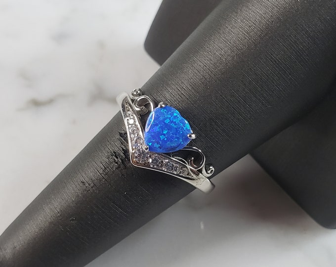 Womens Estate Sterling Silver Modernist Blue Opal Heart Ring 3.1g E5086