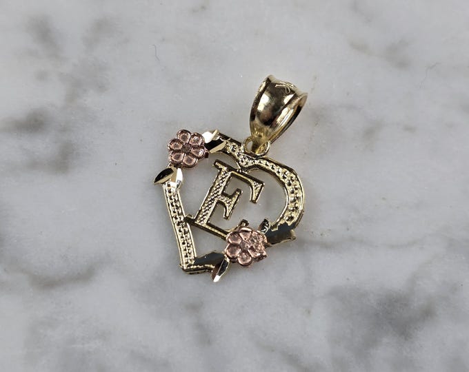 Womens 10K Yellow & Rose Gold Initial Letter " E "  Heart Pendant 0.9g E3175
